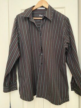 Foxcroft Black Button-Up Shirt with Red & White Pinstripes